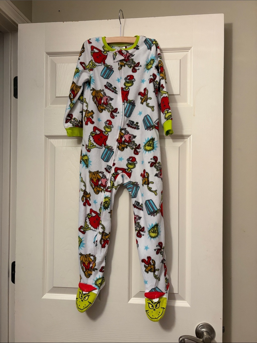 White Grinch-Print Kids Footed One-Piece Pajamas